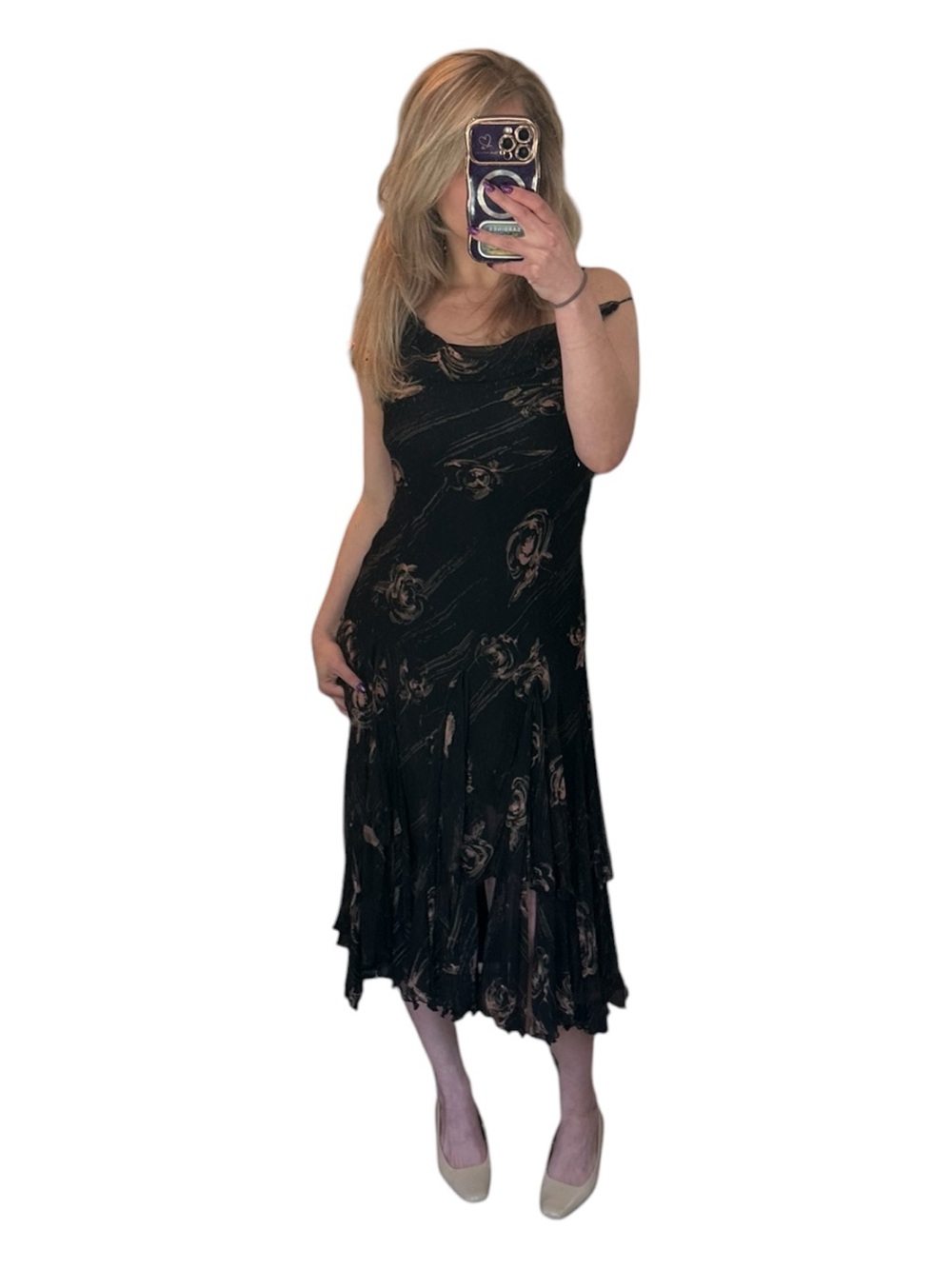 Vintage Y2K Lapis Black Silk Midi Slip Dress with Blush Rose Print Size Small - Picture 8 of 8